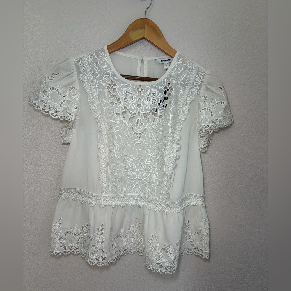 Express White Lace Peplum Blouse Boho Cottagecore Romantic Floral Embroidered XS - Picture 2 of 8